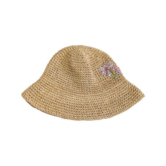 Vintage Y2K Limited Too Straw Bucket Hat Floral Flower Pastel Tan Bimbo McBling - Picture 2 of 6